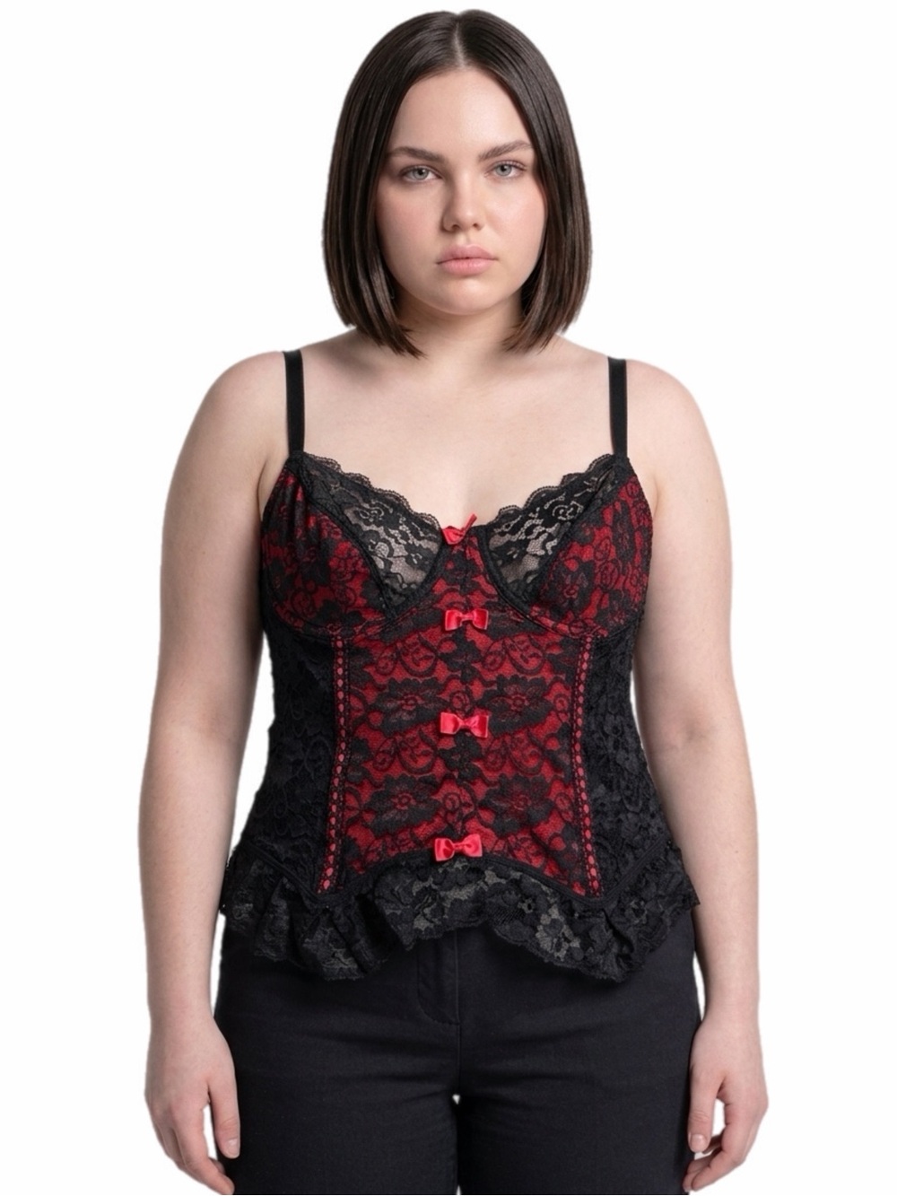 90s/Y2K French Vintage Floral Lace Corset Bustier Top w Bows (Red/Black)Size M/L